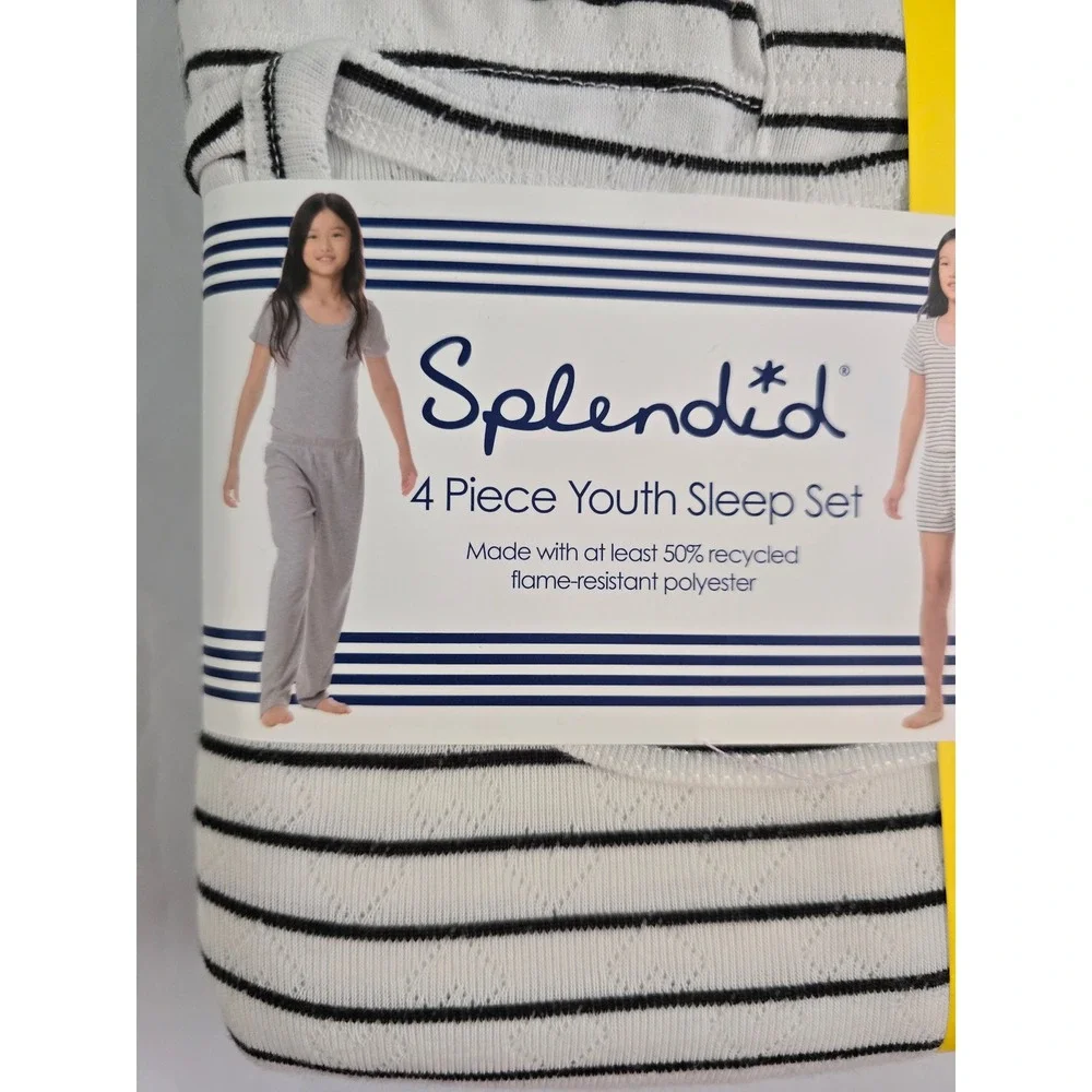 Splendid Kids 4 Piece Sleep Set Pajamas Grey Pointelle Striped Girls Size7/8 NWT